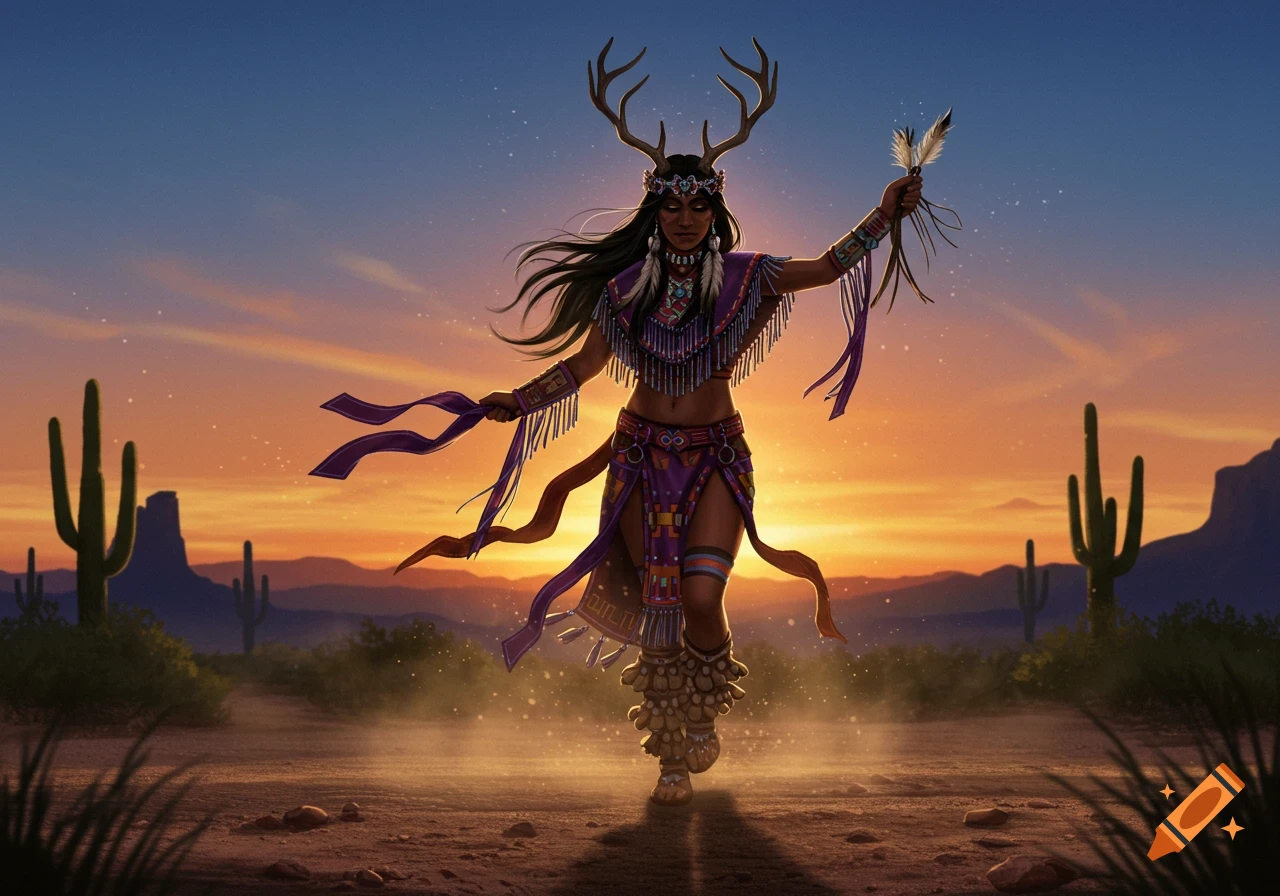 A beautiful woman with deer antlers and purple traditional attire dances in a desert landscape at sunset, holding feathers.