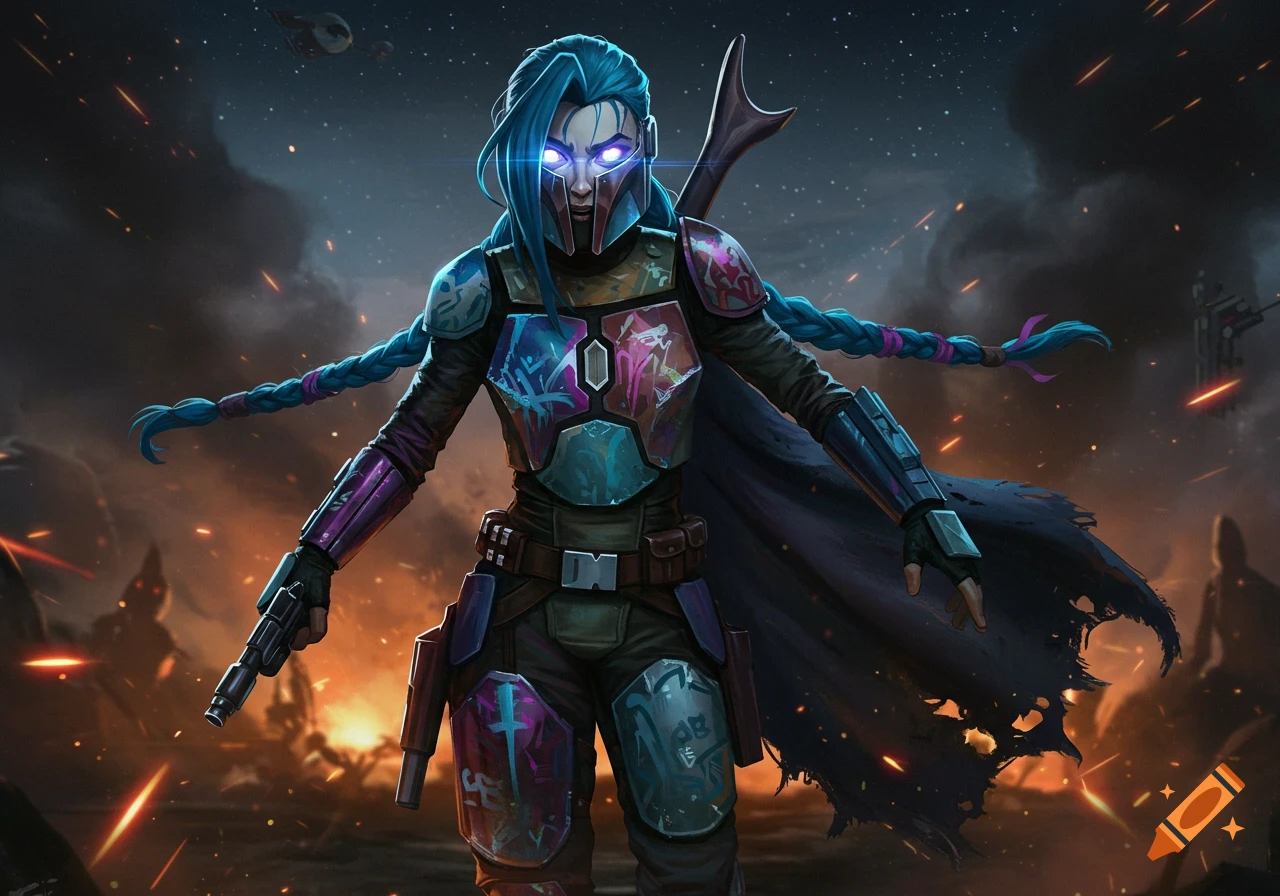 A female character with blue braided pigtails and glowing eyes wears colorful Mandalorian armor, holding a pistol in a fiery, war-torn landscape.
