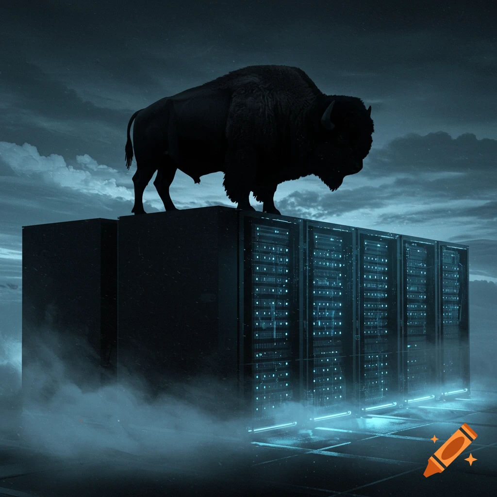 A silhouette of a buffalo stands atop glowing blue data center servers under a dark, cloudy sky with mist.