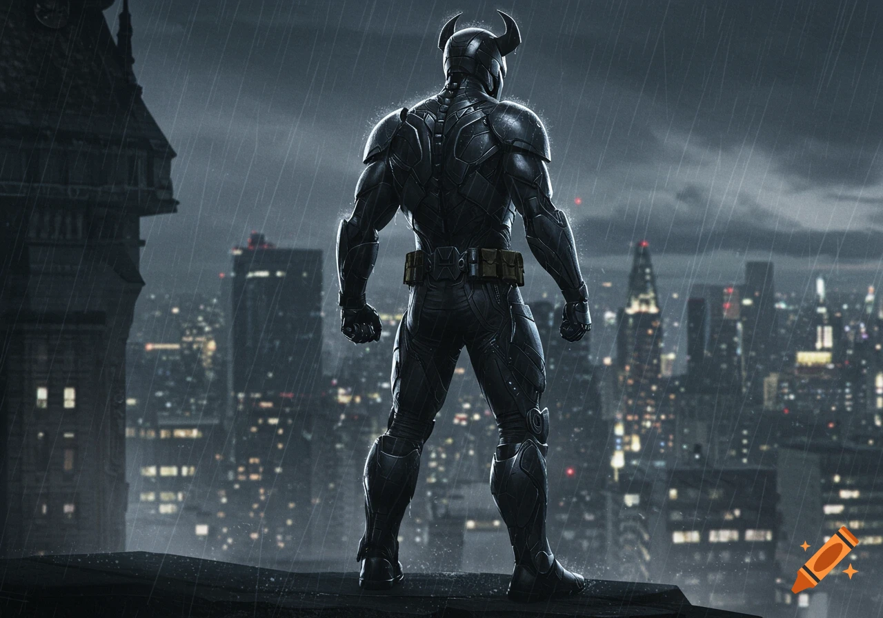 A superhero-like figure in a dark, horned suit stands on a rainy rooftop, overlooking a sprawling city at night.
