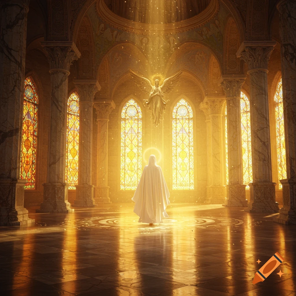 A robed figure with a halo stands in a grand, sunlit hall with stained glass windows and an angel statue.