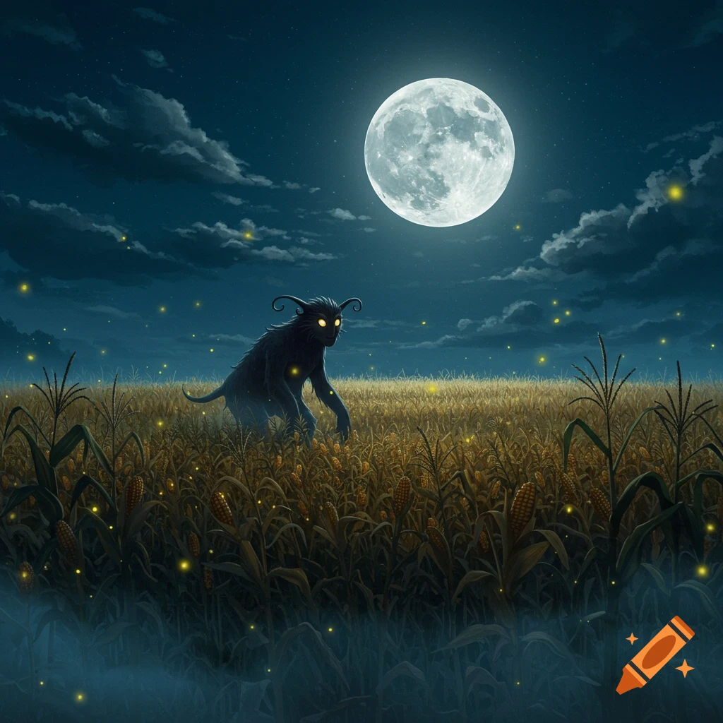 A dark, horned cryptid with glowing eyes stands in a cornfield under a large full moon, with fireflies glowing.