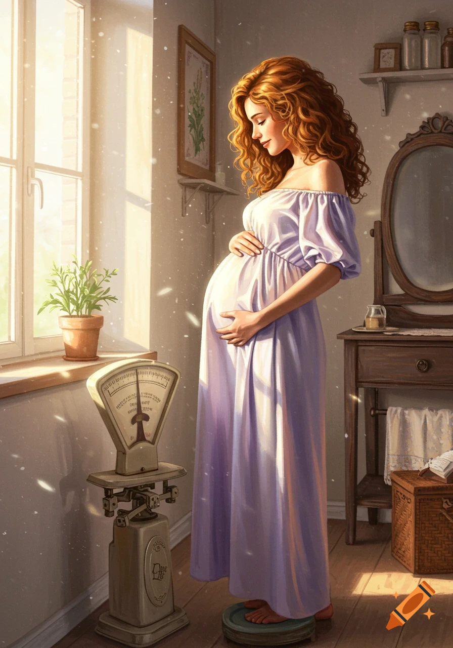 An illustrated pregnant woman in a lavender dress stands on a scale in a sunlit room, gently holding her belly.
