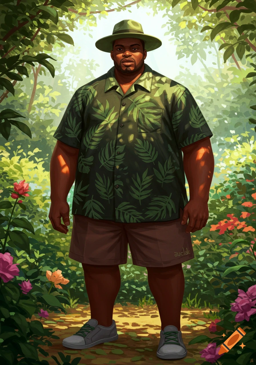 An illustration of an overweight Black man in a green leaf shirt, brown shorts, and a green hat, standing on a jungle path with flowers.