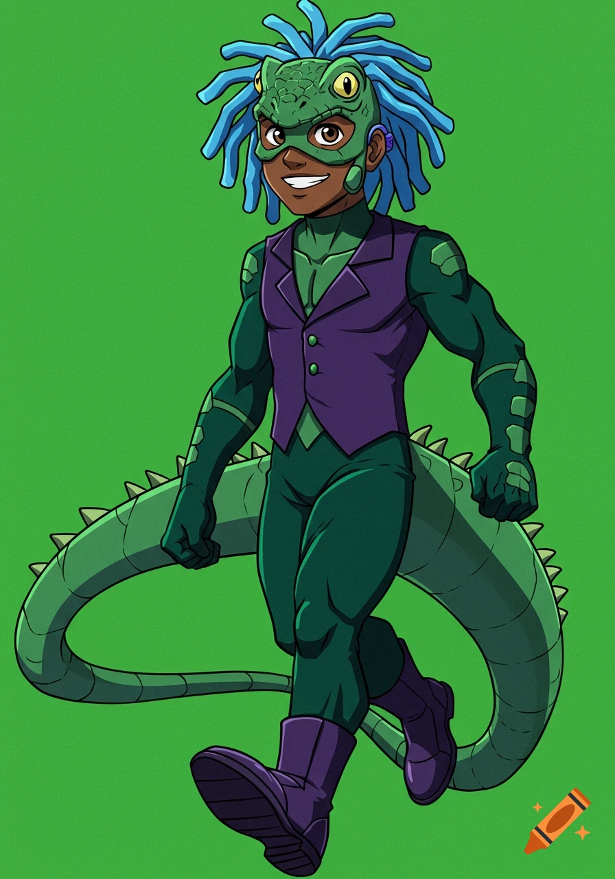Anime-style portrait of a Black male superhero with blue dreadlocks, a green iguana mask, green suit, purple vest, and a large iguana tail, against a green background.