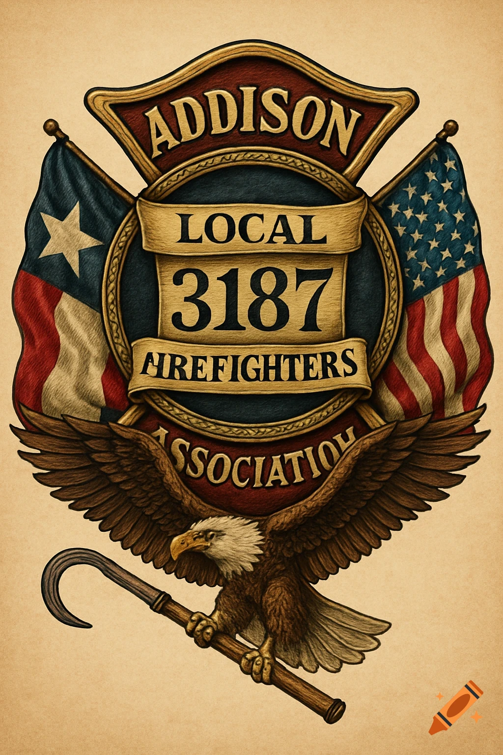 A detailed emblem for Addison Local 3187 Firefighters Association, featuring a Maltese cross, American and Texas flags, and an eagle holding a hook.