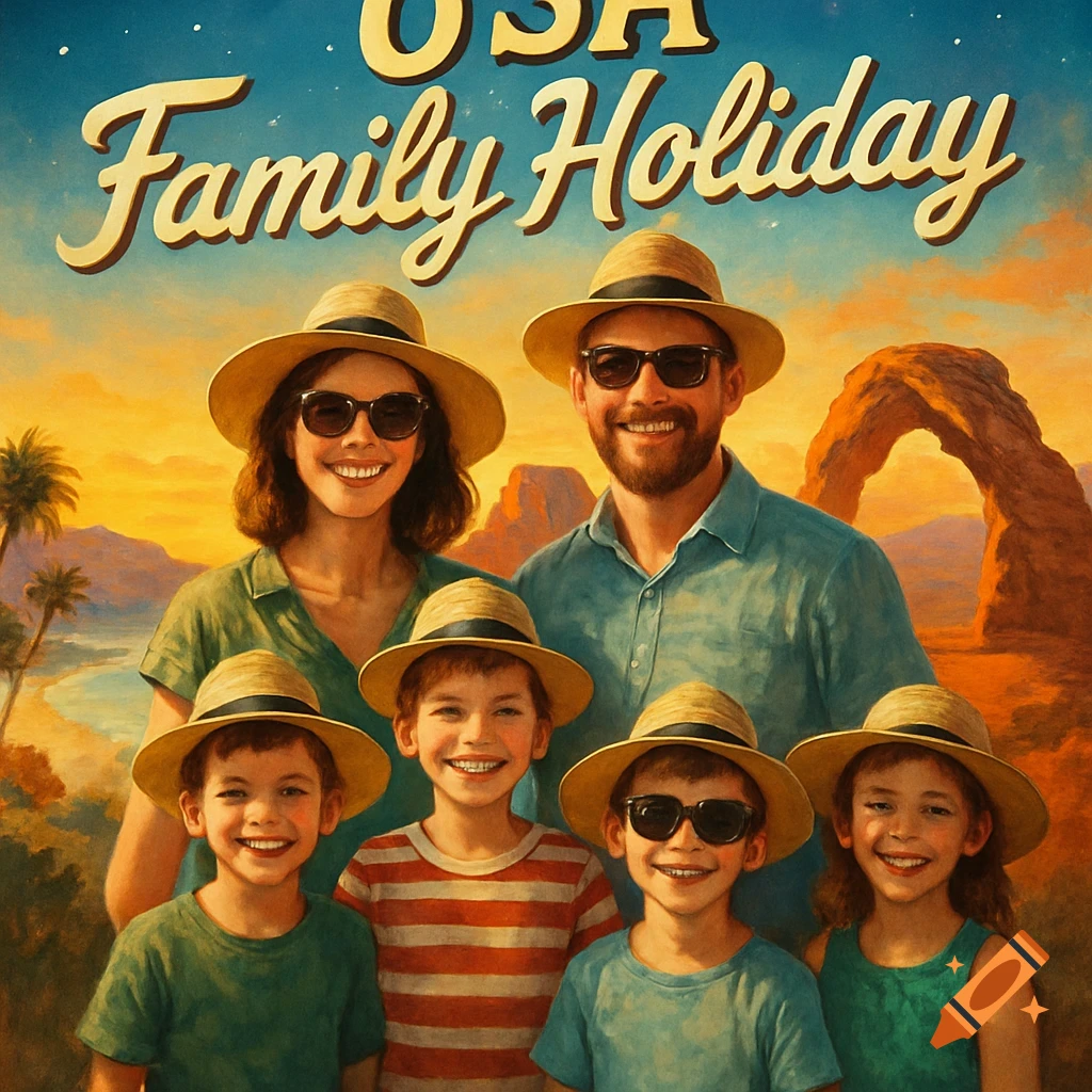 A smiling family in straw hats and sunglasses in a retro travel poster style, with 'USA Family Holiday' text.