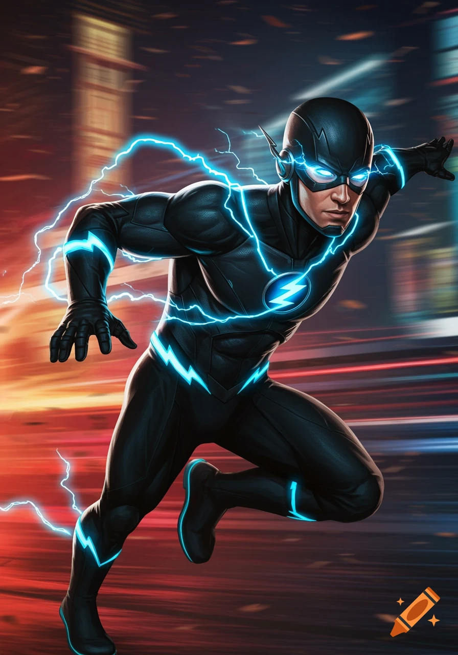 A speedster superhero in a black suit with blue lightning accents and glowing eyes runs with a blurred city background.