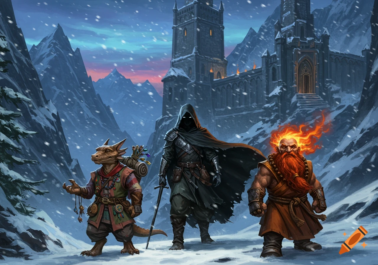 A kobold, a hooded figure, and a dwarf stand in a snowy mountain landscape before a large castle under a twilight sky.