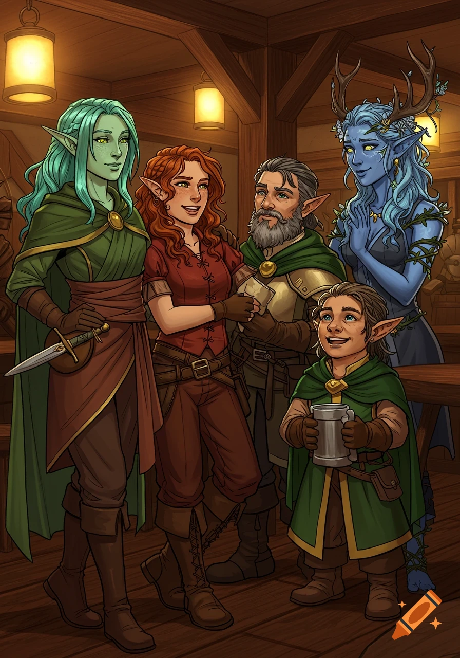 Illustrated group portrait of five diverse fantasy characters, including elves and a halfling, jovially gathered in a dimly lit tavern.