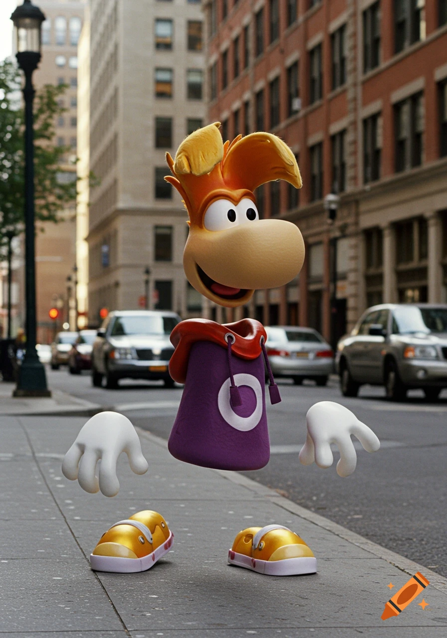 The video game character Rayman floats on a city sidewalk with buildings and cars in the background.