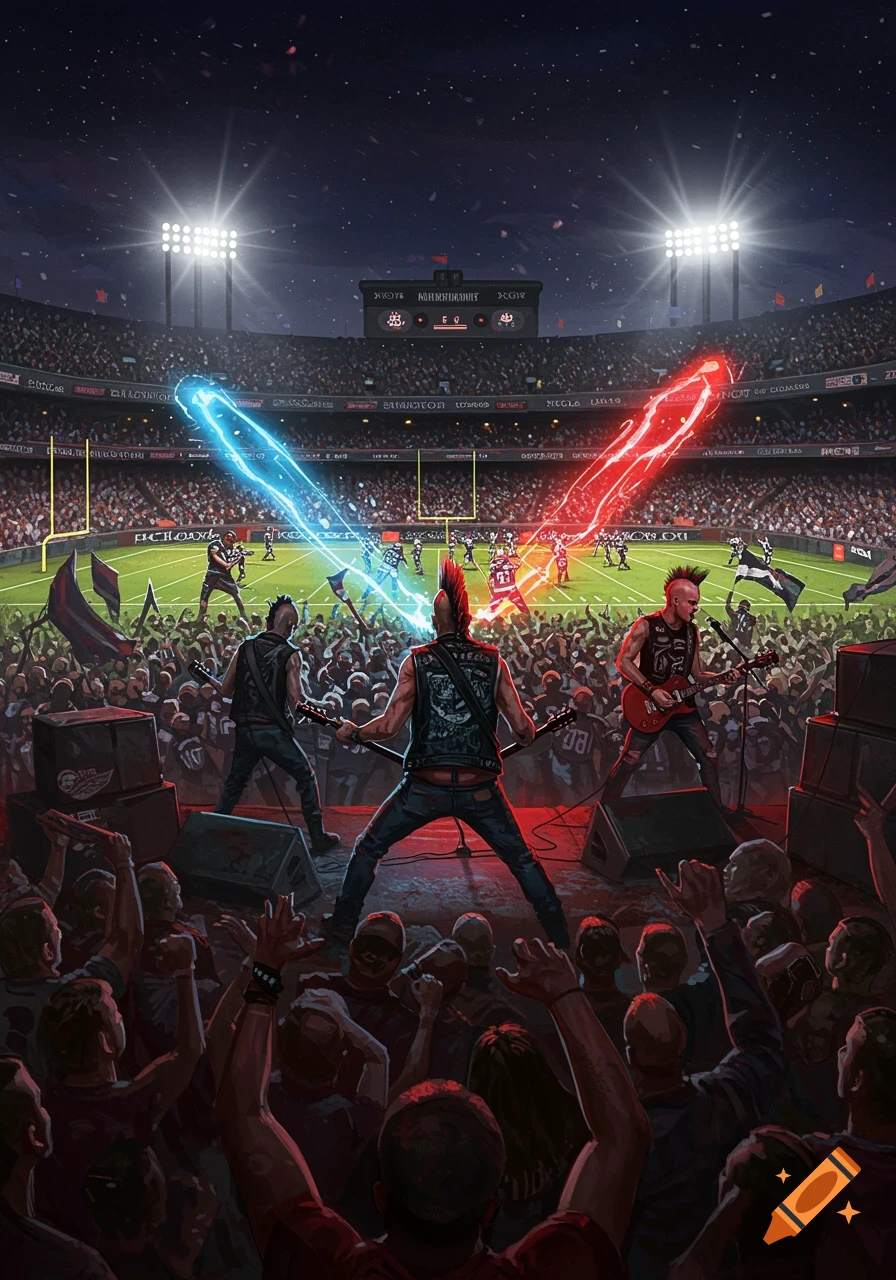 A hardcore band plays a concert on a stage in the middle of a football stadium with a game in progress and light beams across the field.