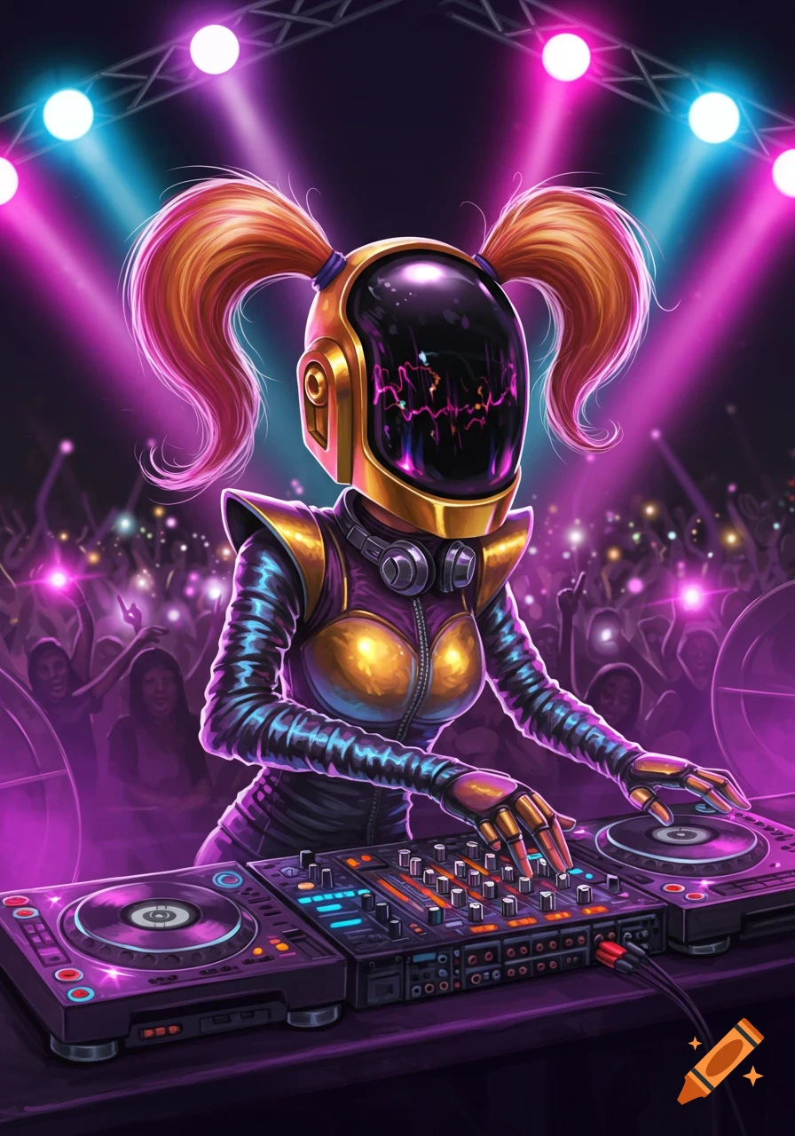 A stylized illustration of a DJ with orange pigtails and a golden Daft Punk-style helmet mixing music on stage under bright spotlights.
