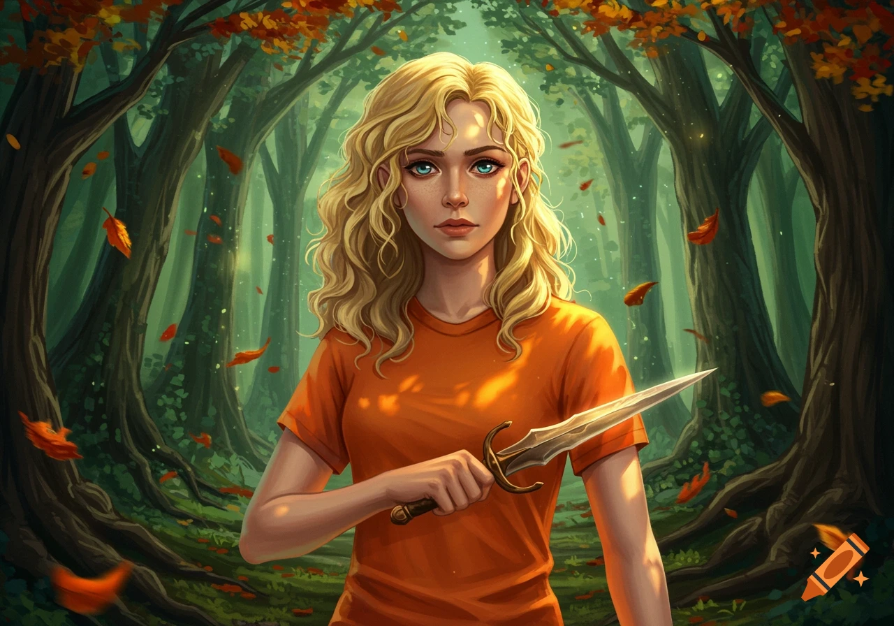 A young woman with blonde curly hair and blue eyes, wearing an orange shirt, holds a dagger in a magical forest with falling autumn leaves.