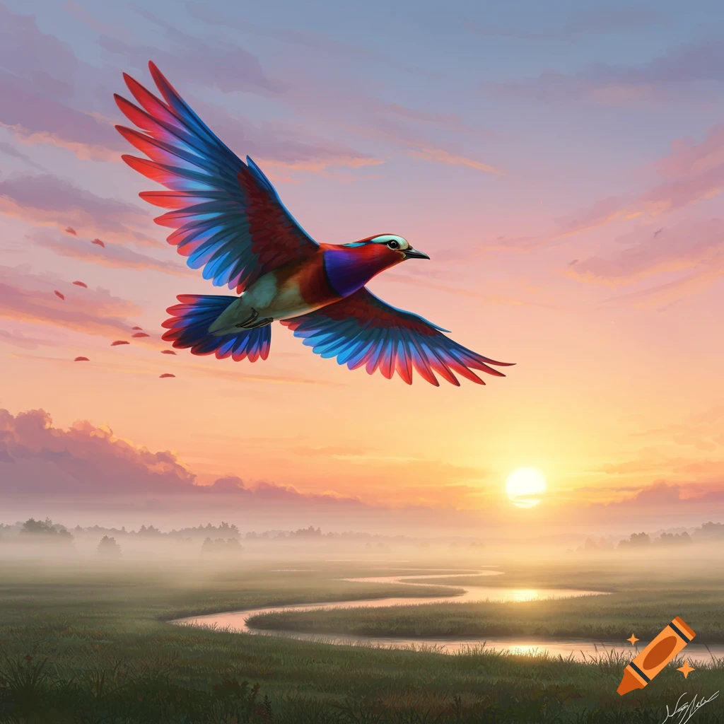 A vibrant bird with red and blue wings flies over a misty, winding river at sunset.