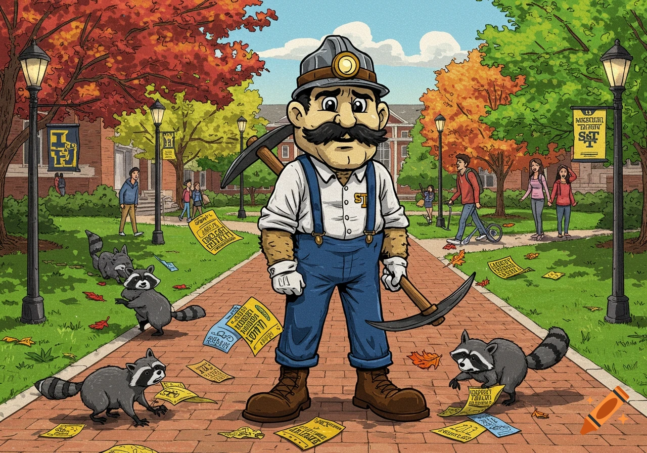 Cartoon image of Joe Miner, the Missouri S&T mascot, standing on a campus path with raccoons and students, surrounded by autumn trees.