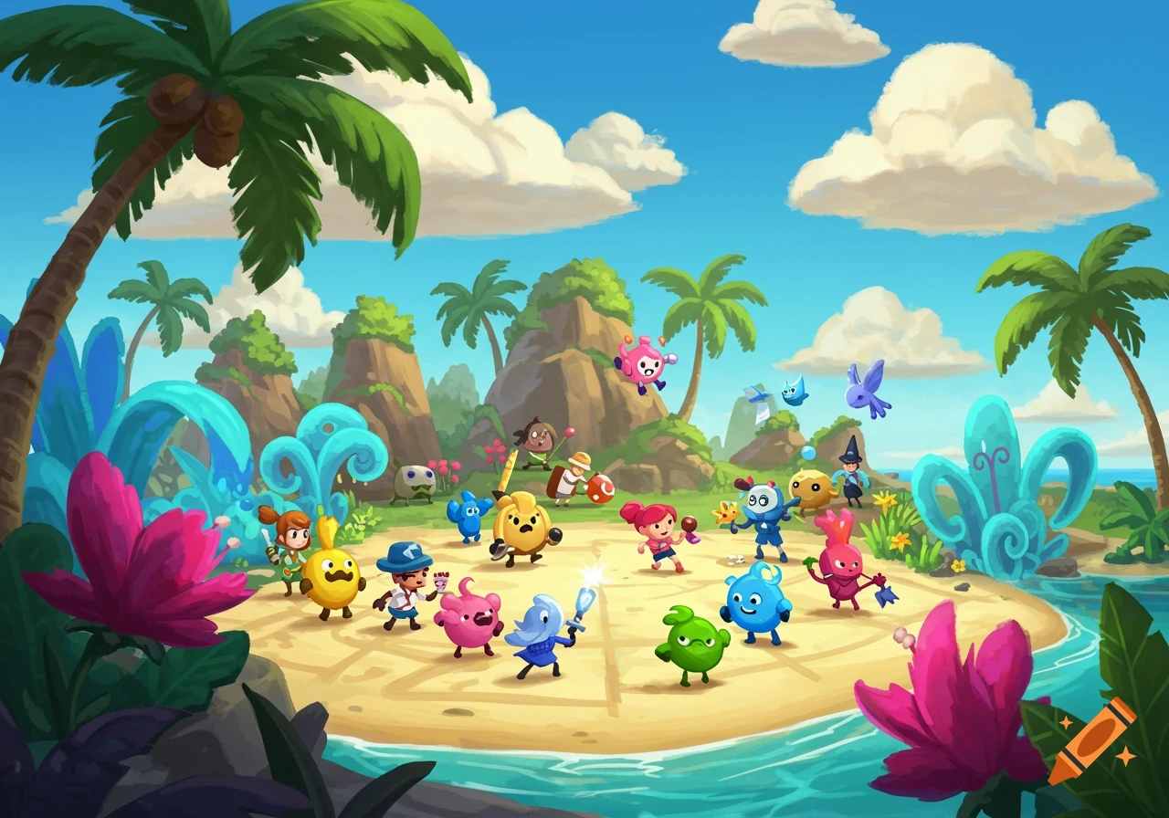 Vibrant cartoon illustration of numerous quirky characters on a tropical island beach with palm trees and fantastical plants under a blue sky.