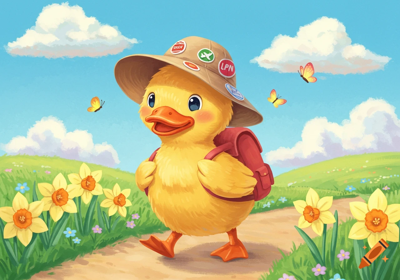 A cute yellow cartoon duck with a safari hat and red backpack walks on a path through a field of flowers and butterflies under a blue sky.