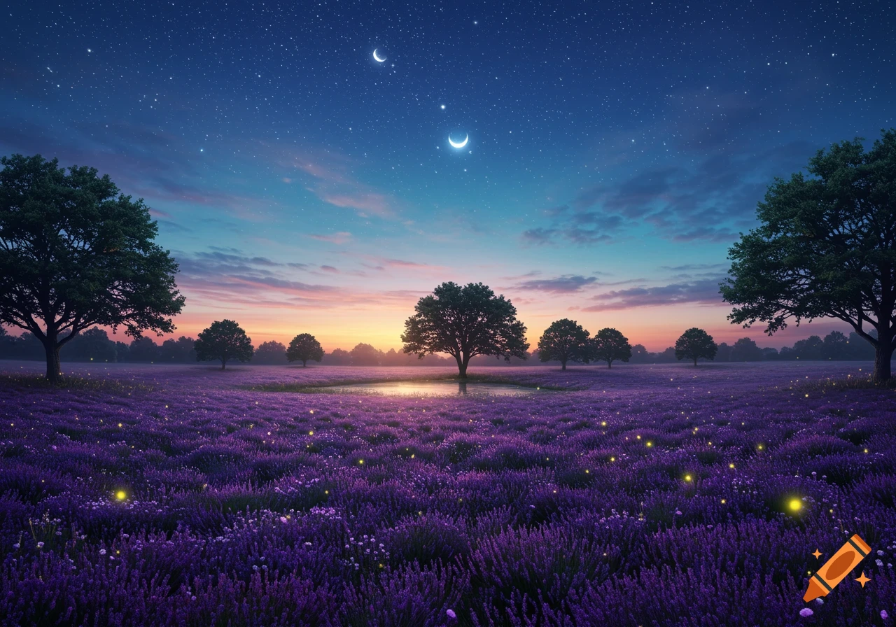 A photorealistic night landscape of a vast purple lavender field, trees, a pond reflecting the sky, multiple moons, and stars.