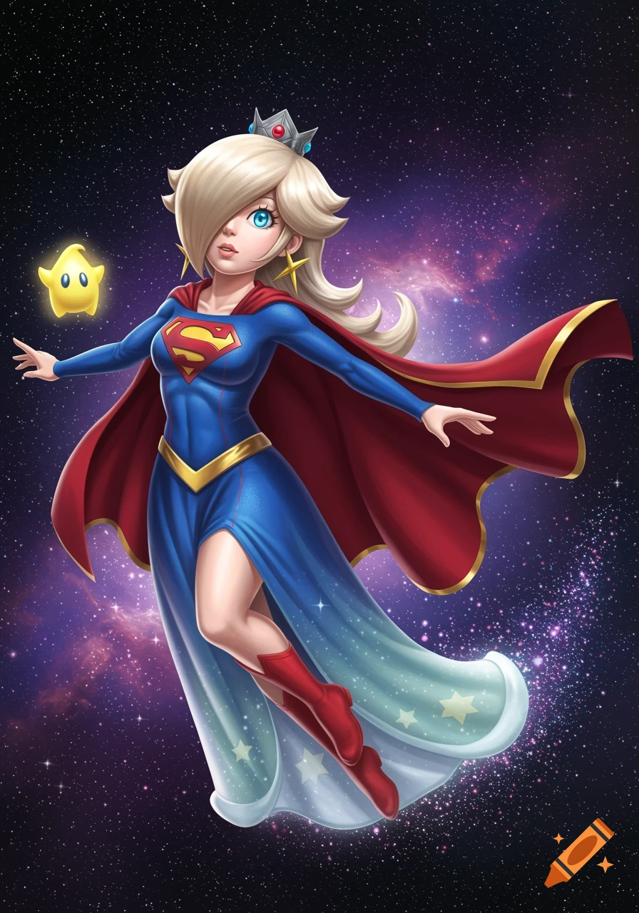 Rosalina from Mario Galaxy dressed as Supergirl floats gracefully in outer space, with a Luma companion nearby.