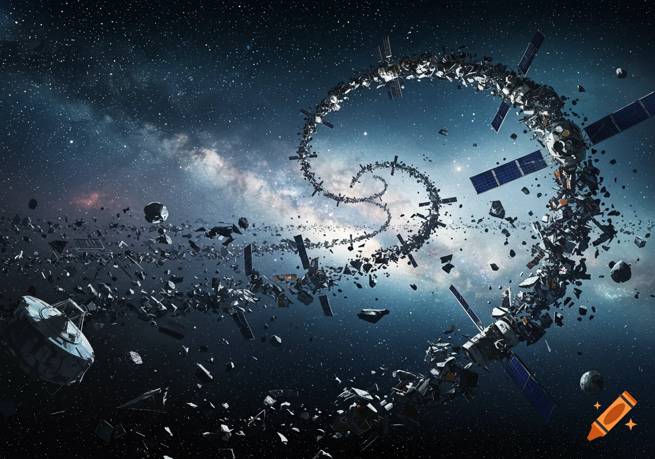 A dramatic photorealistic depiction of space junk and broken satellites swirling in a spiral formation against a starry cosmic background.