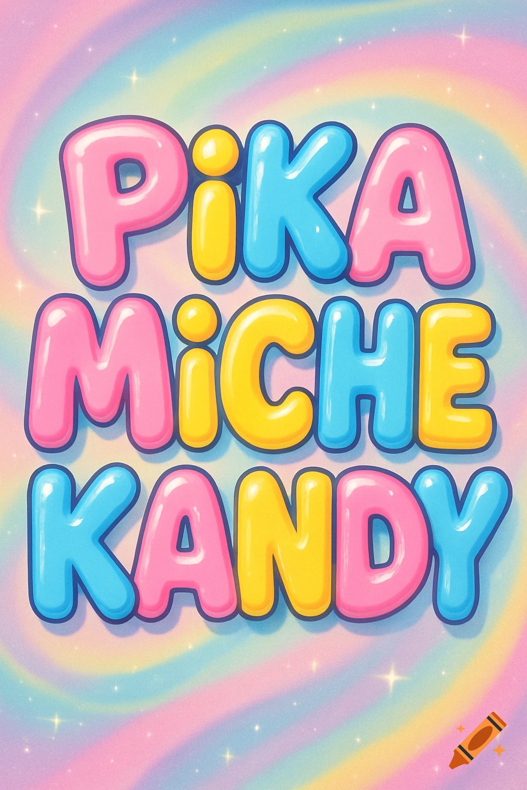 Bubble letters spelling Pika Miche Kandy in pink, yellow, and blue on a swirling pastel background.