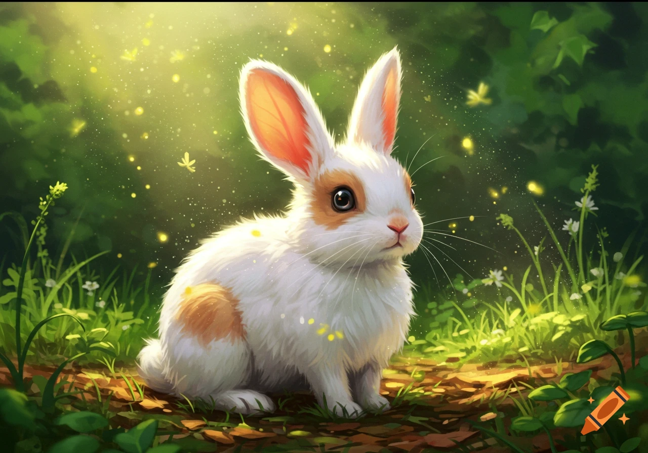 A cute white and brown bunny sits in a magical forest clearing with sparkling golden light and green plants.