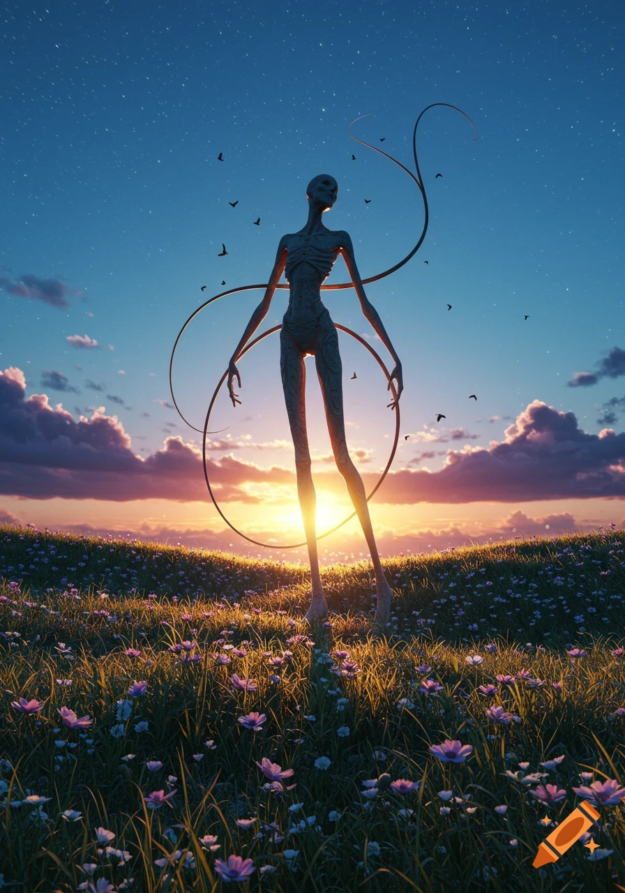 A tall, slender alien-like figure stands in a field of purple flowers under a starry sunrise sky, with birds flying.