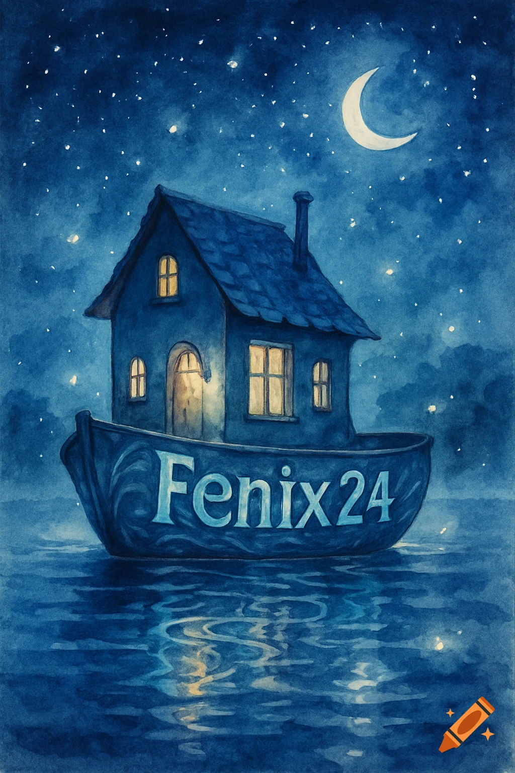 A whimsical blue house on a boat named Fenix24 floats on water under a starry night sky with a crescent moon, in a watercolor style.