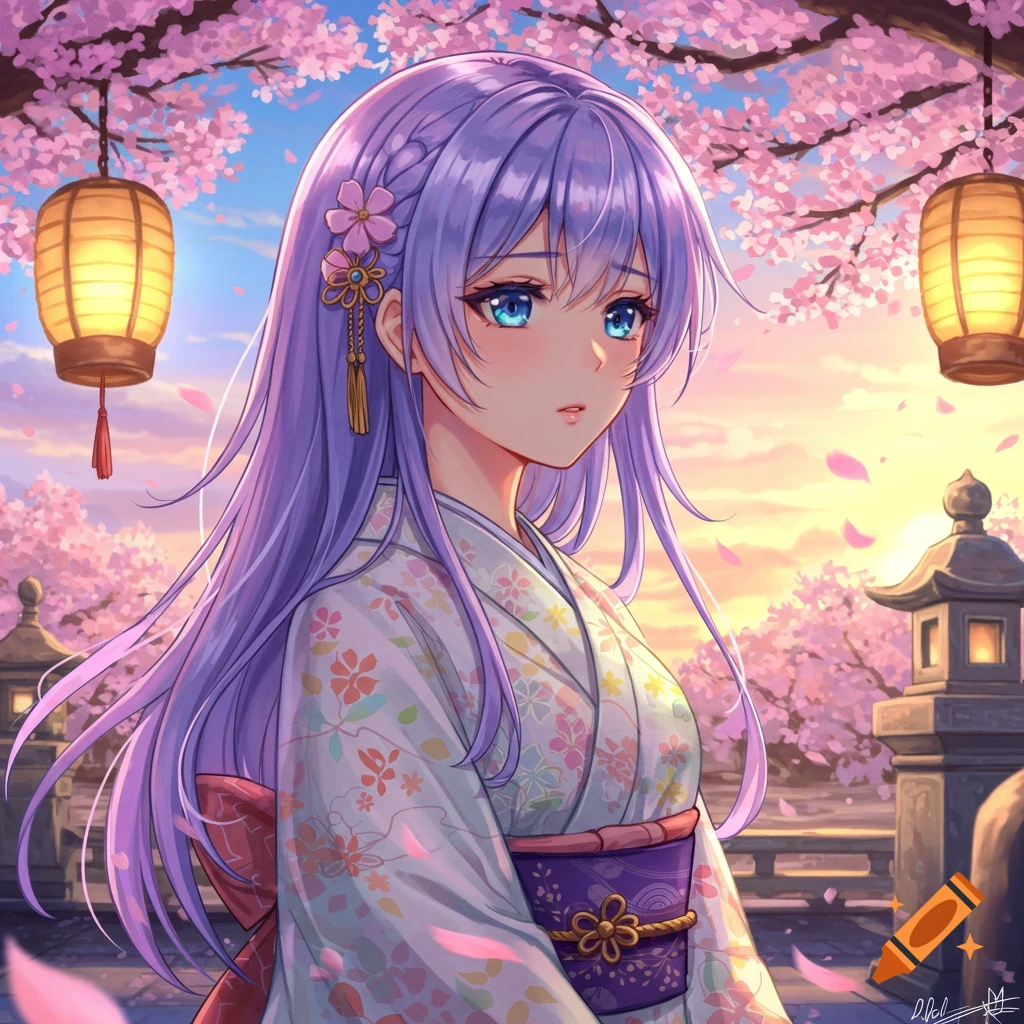 Anime girl with long purple hair and blue eyes wearing a floral kimono under cherry blossom trees at sunset.