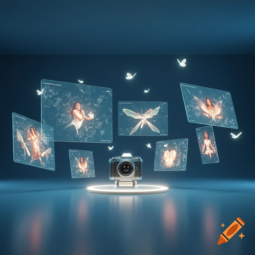 A camera on a lighted pedestal surrounded by floating holographic screens displaying images of women and glowing butterflies, in a dark blue room.