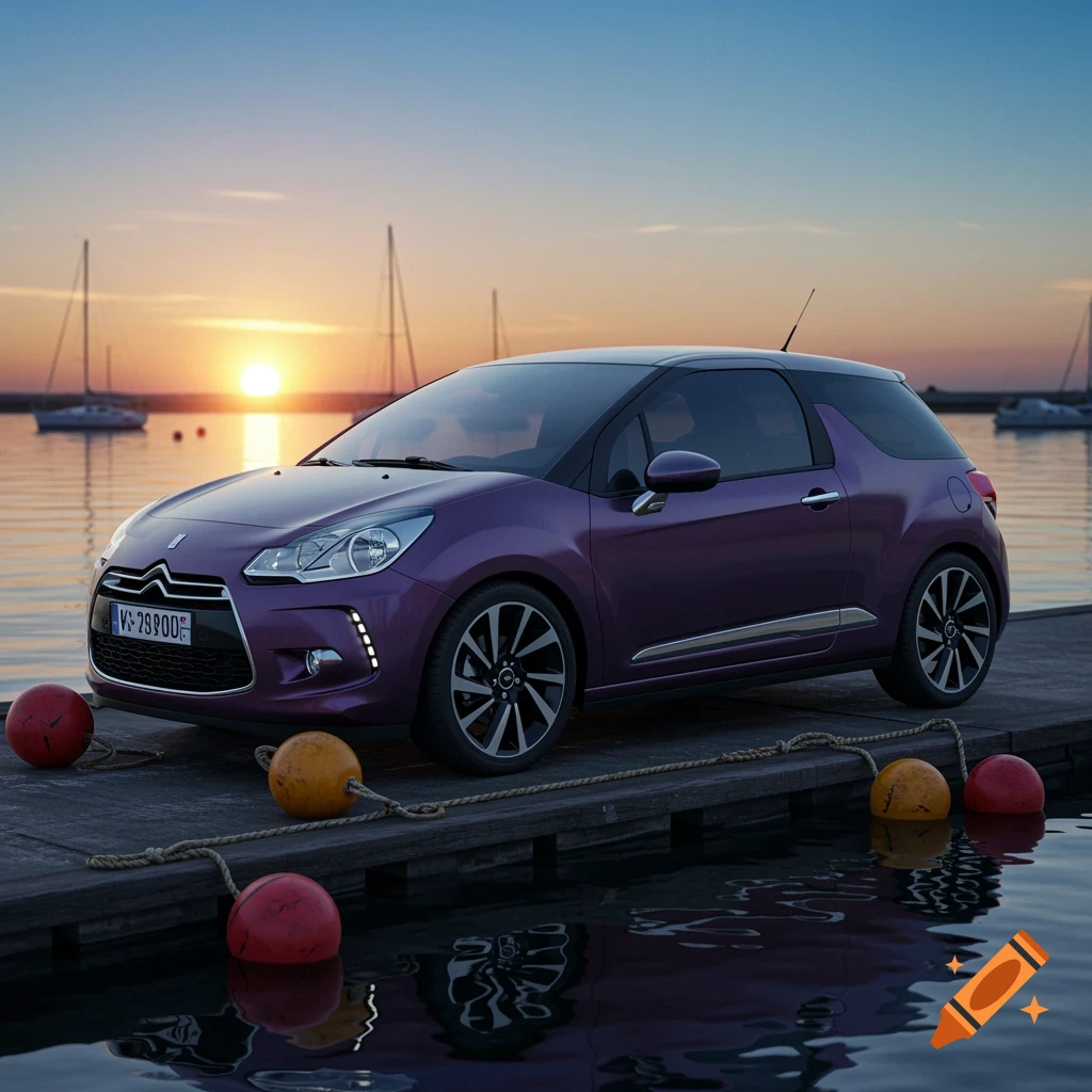 A purple Citroën DS3 car parked on a wooden dock with buoys at sunset, with sailboats in the background.