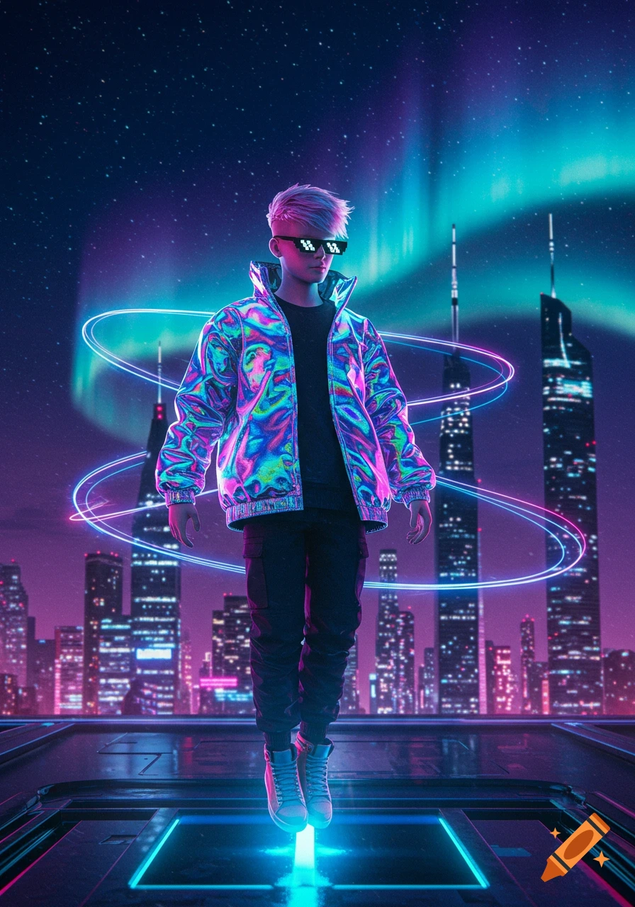 A stylized young man with purple hair and pixelated sunglasses floats above a platform in a neon-lit futuristic city under a glowing aurora.