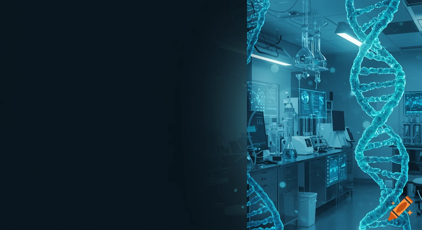 A glowing blue DNA helix in a futuristic laboratory with modern equipment and screens, with a plain dark blue background.