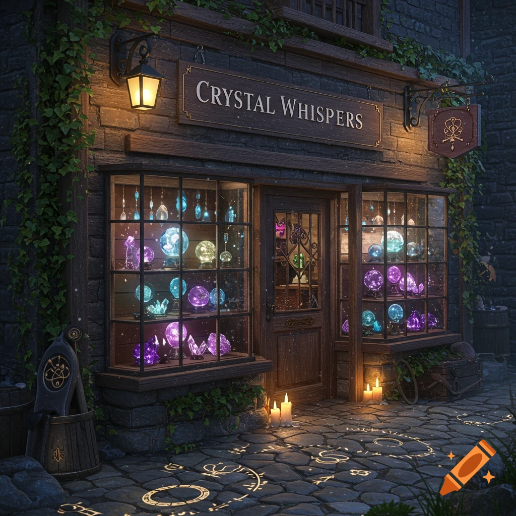 An enchanting fantasy shop named 'Crystal Whispers' with glowing crystals in its windows, illuminated by lanterns and candles on a cobblestone street with magical symbols.