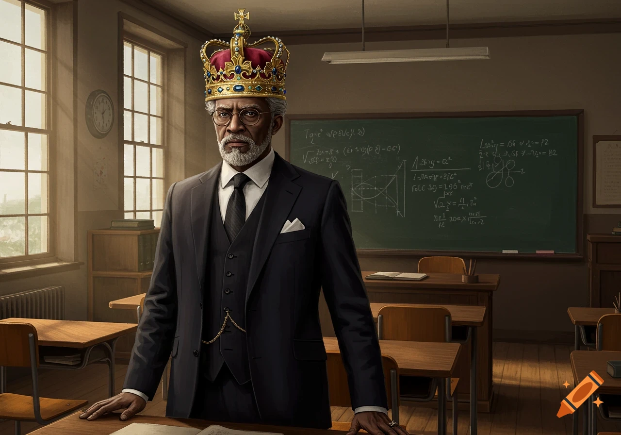 A distinguished older man with a white beard and glasses, wearing a dark suit and a gold king's crown, stands in a classroom.