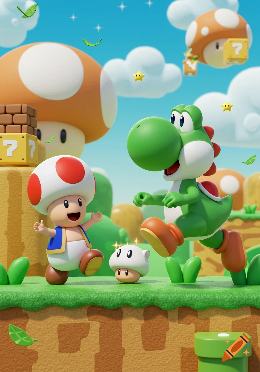 Toad and Yoshi in a colorful Super Mario Brothers cartoon world with mushrooms and blocks.