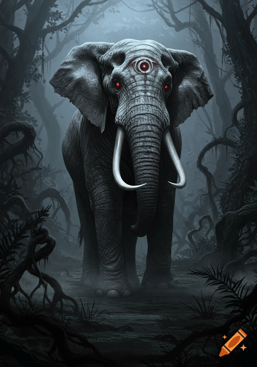 A large grey elephant with glowing red eyes and a third glowing red eye on its forehead stands in a dark, misty forest.
