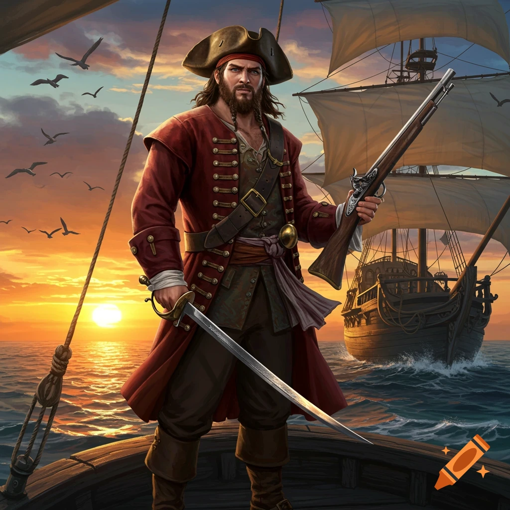 A bearded pirate in a red coat stands on a ship deck at sunset, holding a musket and a sword.