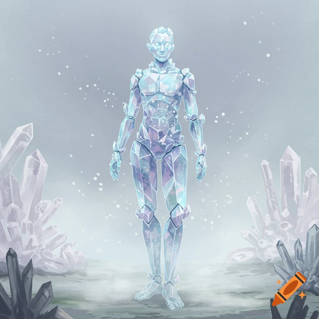 An illustrative humanoid figure made of light blue and purple crystals stands in a crystal landscape.