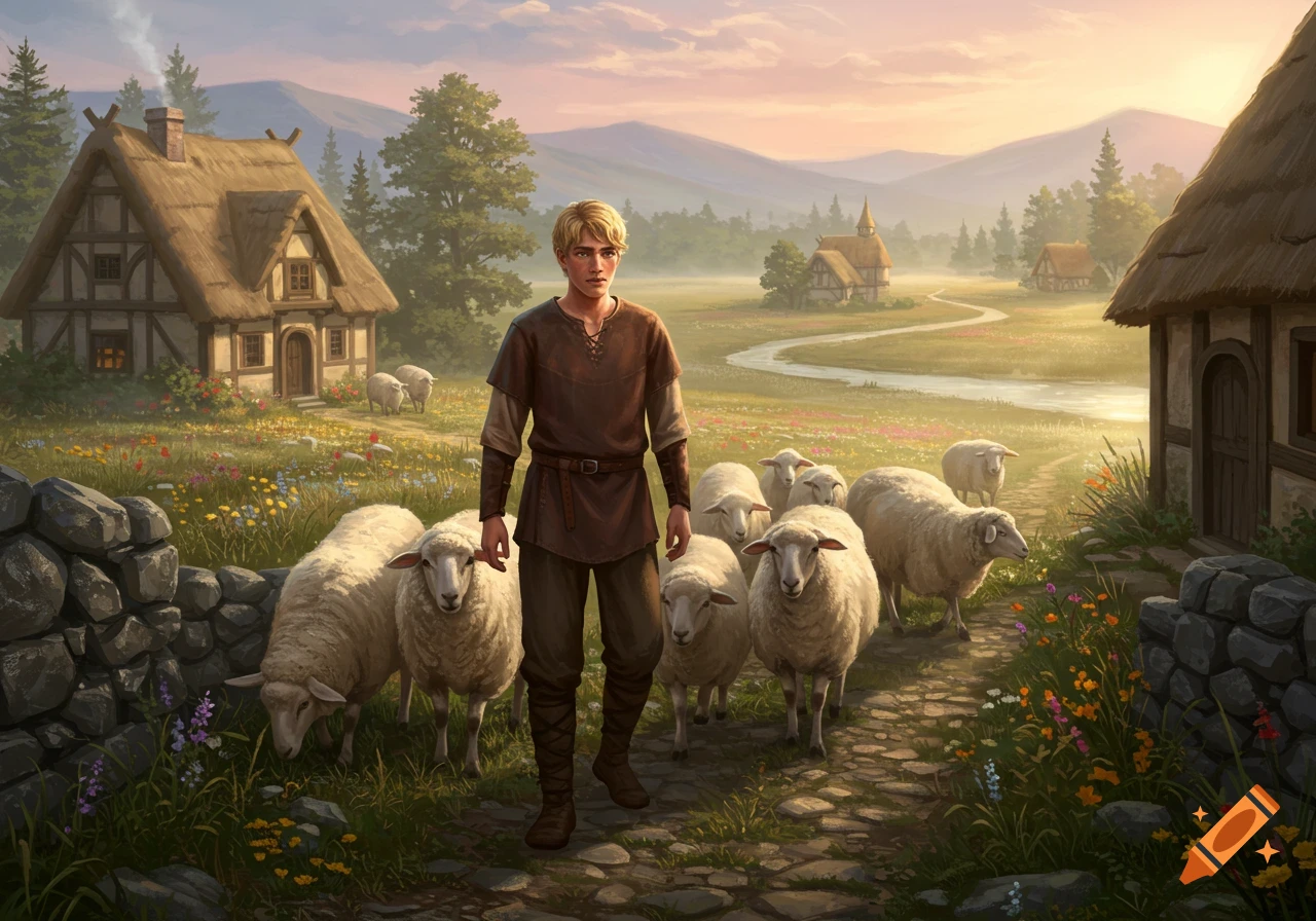 A young blond man herds sheep on a stone path through a colorful meadow in a medieval village at sunset, with thatched-roof houses and mountains in the background.