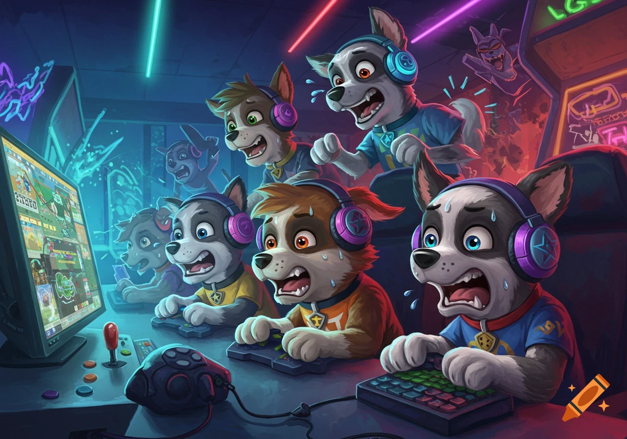 Cartoon dogs with headphones intensely play video games in a neon-lit room.
