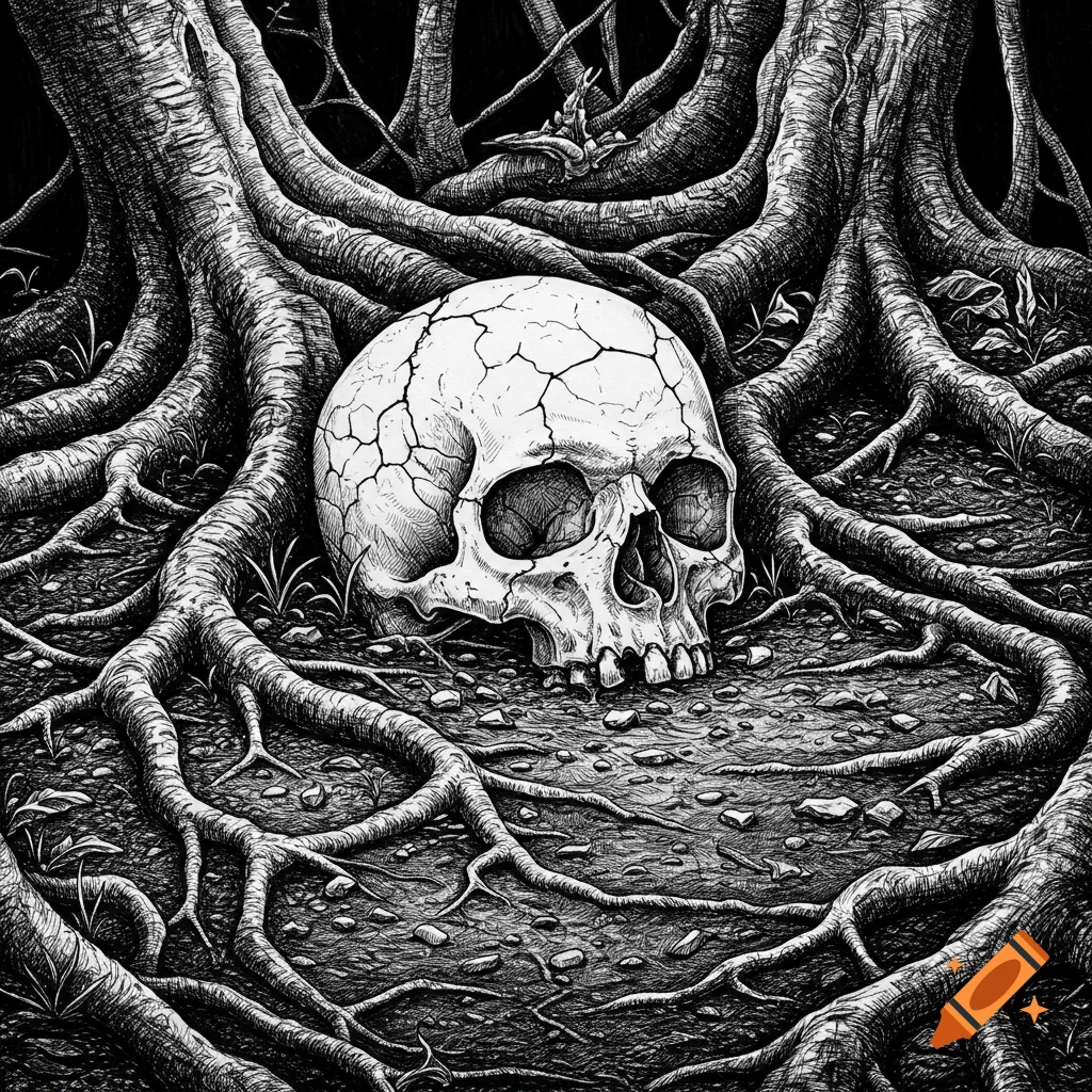 Detailed black and white illustration of a cracked human skull resting among tree roots on dark ground.