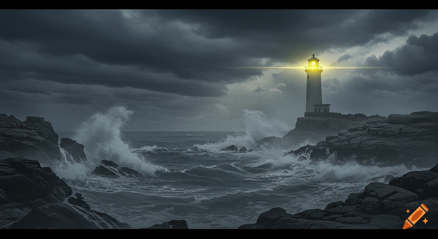 A dramatic lighthouse scene with a bright light cutting through a dark, stormy sky and crashing waves.