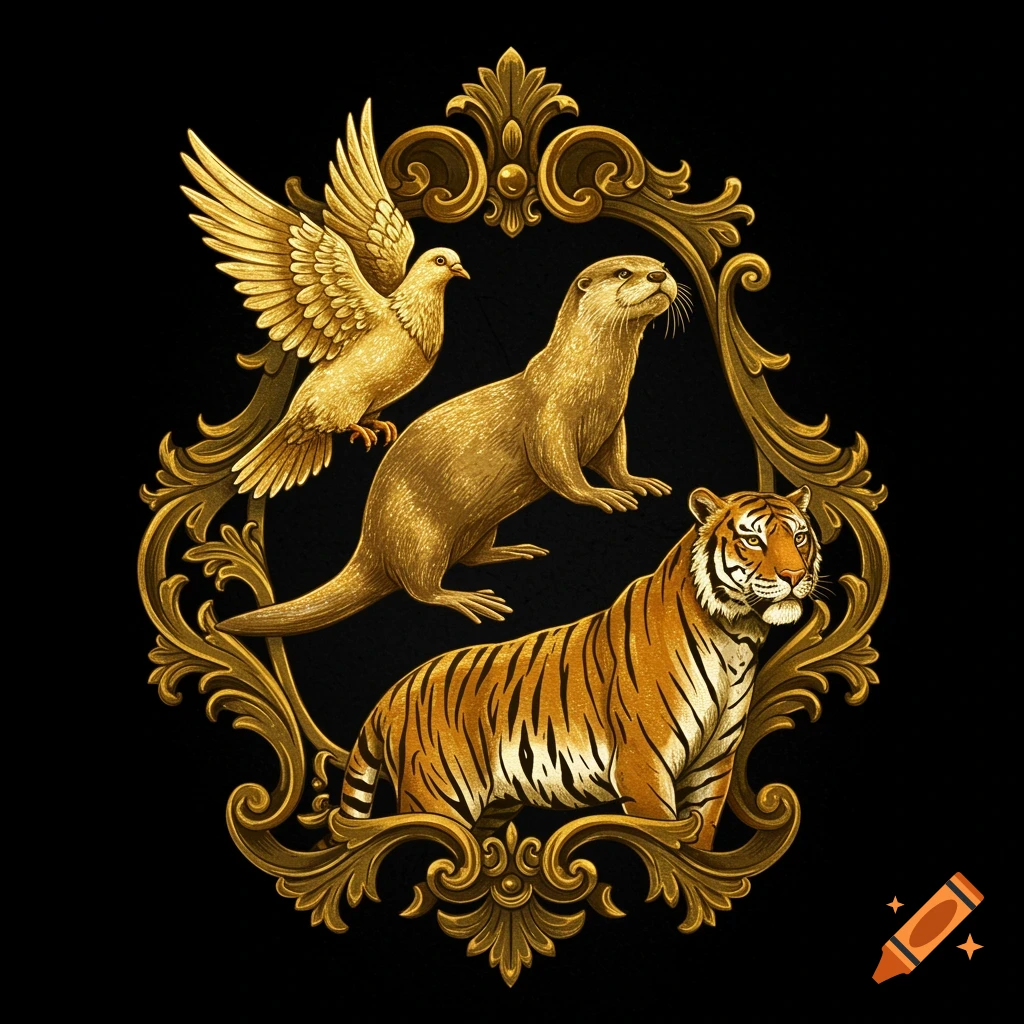 A golden ornamental coat of arms featuring a dove, an otter, and a tiger on a black background.