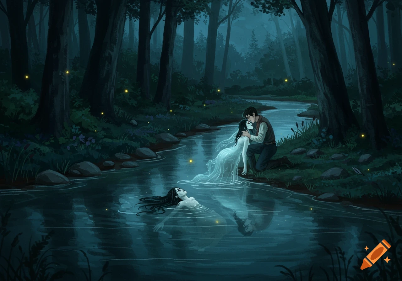 An ethereal fantasy illustration of a man embracing a spectral woman by a river as another floats in the water in a dark forest.