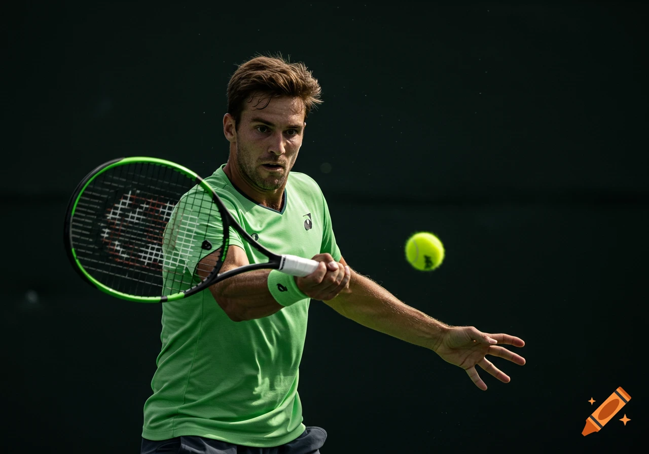 Photorealistic image of a male tennis player in a green shirt hitting a forehand with a green racket and a tennis ball in mid-air on an outdoor court.