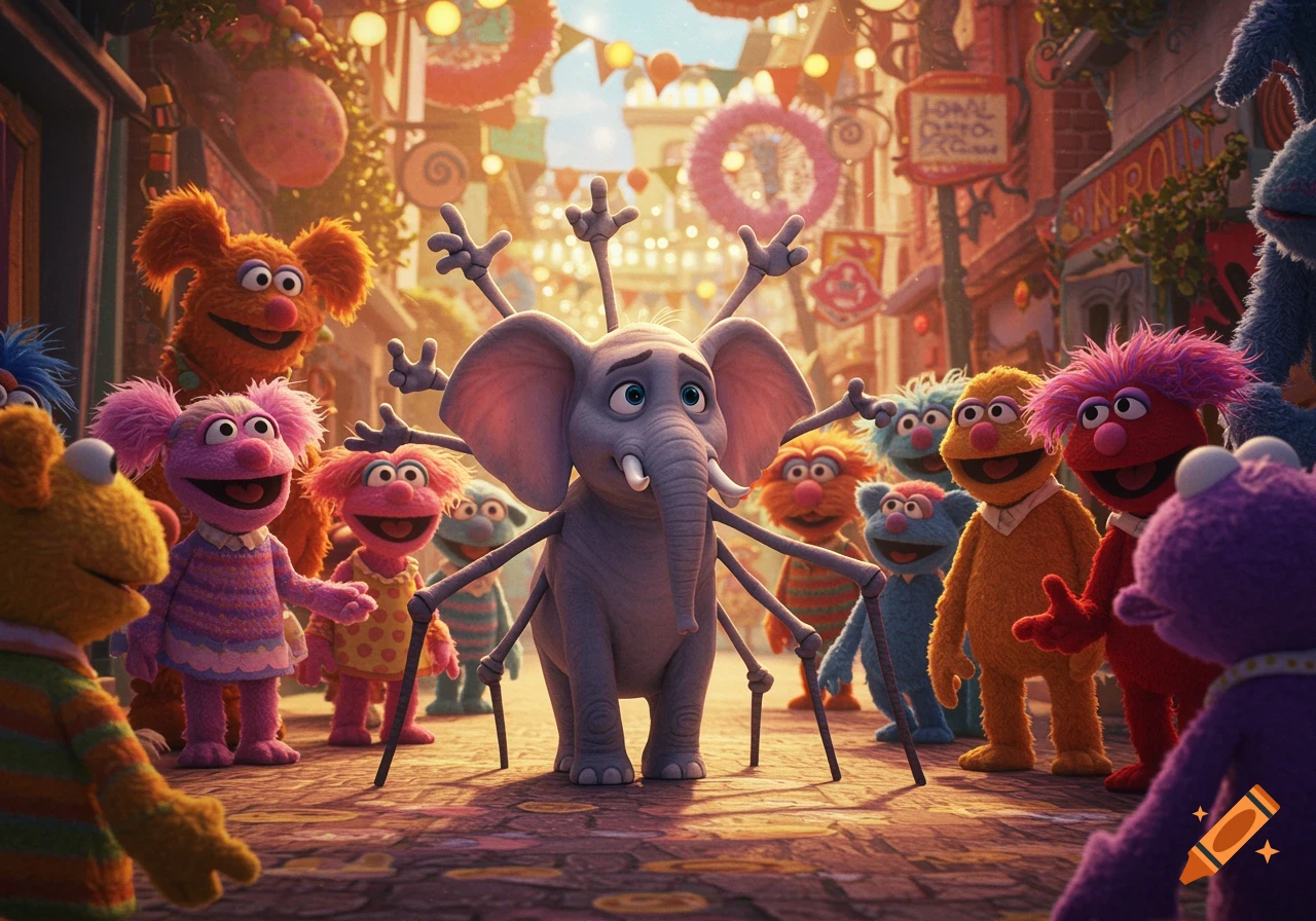 Horton the Elephant with multiple spider-like legs and arms on his head, surrounded by various colorful Muppet characters on a whimsical, decorated street.