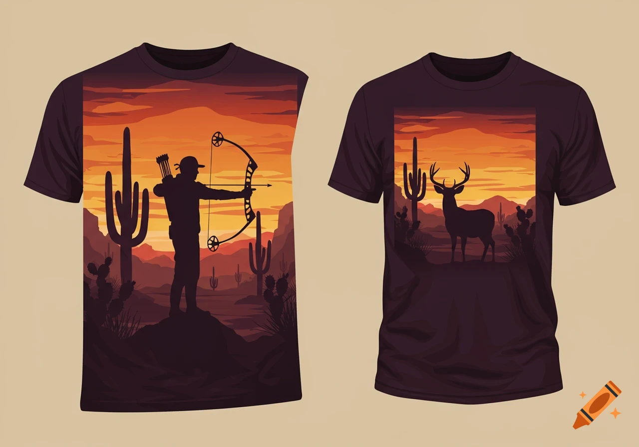 Two dark T-shirts displaying desert sunset scenes: one with a silhouetted archer, the other with a silhouetted deer and cacti.