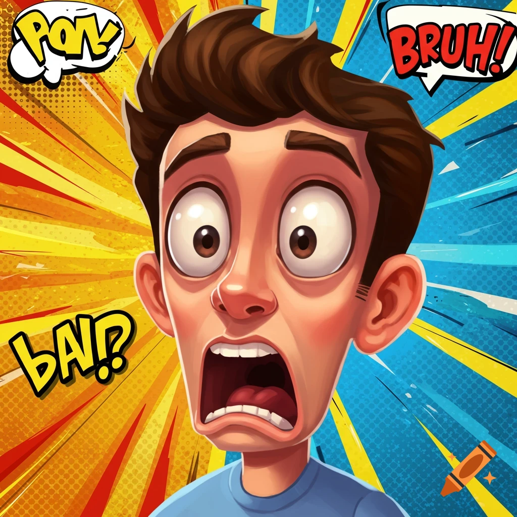Cartoon man with shocked expression, wide eyes, and open mouth against a comic background with speech bubbles.